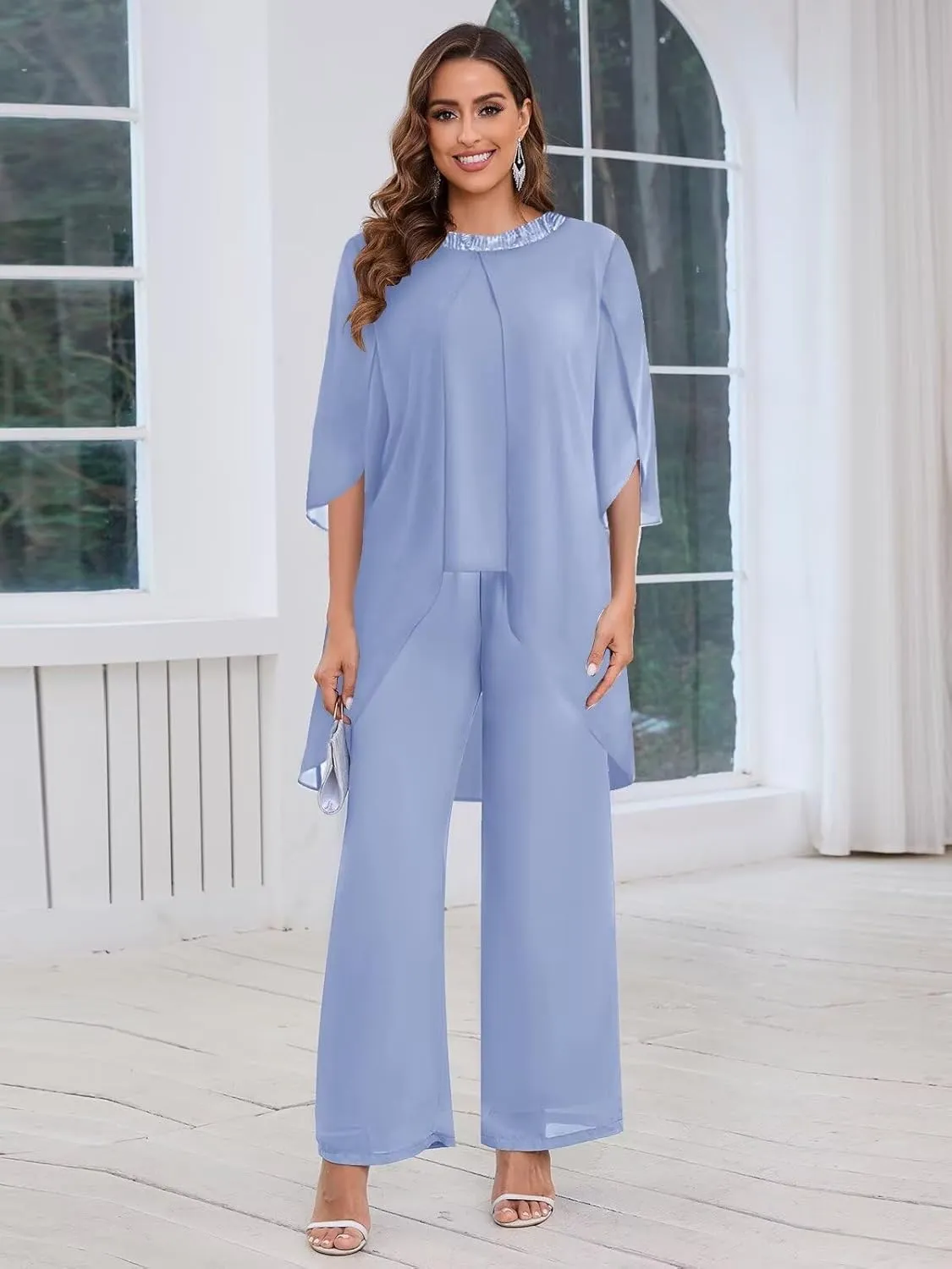BANTRATIC 2 Pieces Mother of The Bride Pantsuits for Wedding Half Sleeve Chiffon Formal Evening Prom Cocktail Pant Outfit
