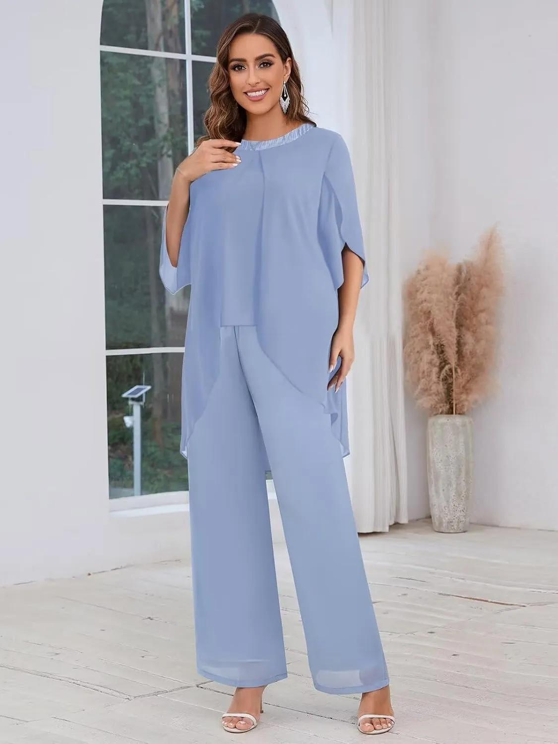 BANTRATIC 2 Pieces Mother of The Bride Pantsuits for Wedding Half Sleeve Chiffon Formal Evening Prom Cocktail Pant Outfit