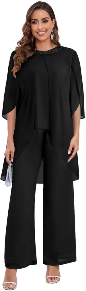 BANTRATIC 2 Pieces Mother of The Bride Pantsuits for Wedding Half Sleeve Chiffon Formal Evening Prom Cocktail Pant Outfit
