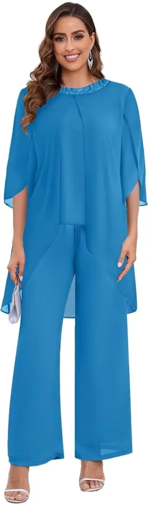 BANTRATIC 2 Pieces Mother of The Bride Pantsuits for Wedding Half Sleeve Chiffon Formal Evening Prom Cocktail Pant Outfit