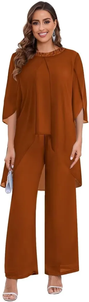 BANTRATIC 2 Pieces Mother of The Bride Pantsuits for Wedding Half Sleeve Chiffon Formal Evening Prom Cocktail Pant Outfit