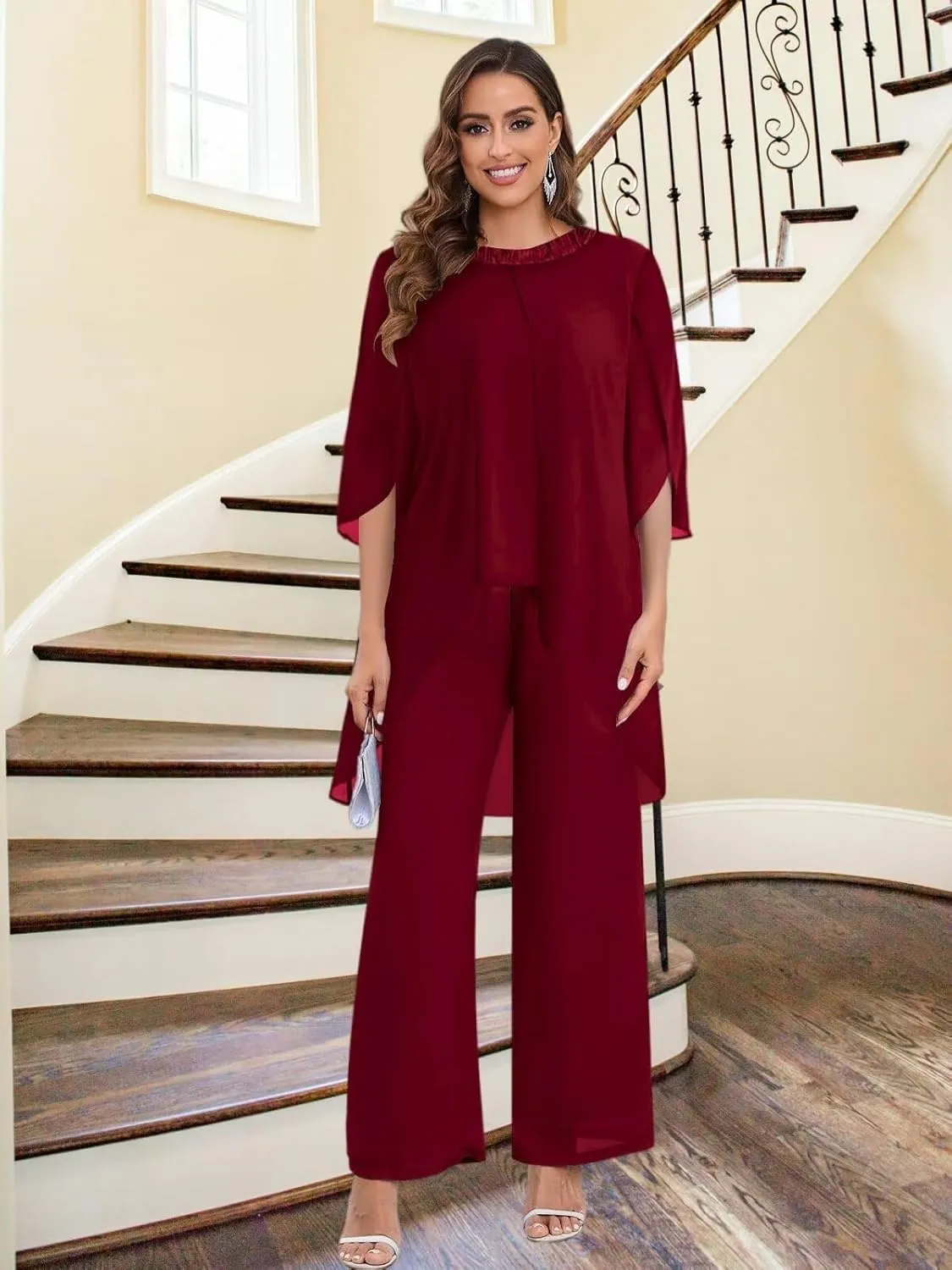 BANTRATIC 2 Pieces Mother of The Bride Pantsuits for Wedding Half Sleeve Chiffon Formal Evening Prom Cocktail Pant Outfit