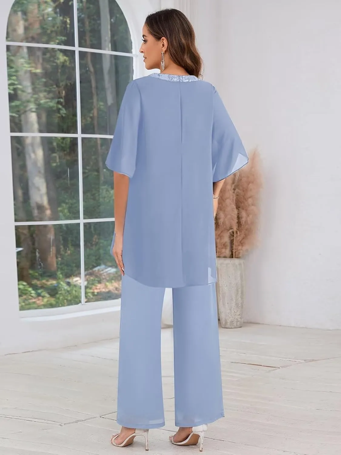 BANTRATIC 2 Pieces Mother of The Bride Pantsuits for Wedding Half Sleeve Chiffon Formal Evening Prom Cocktail Pant Outfit
