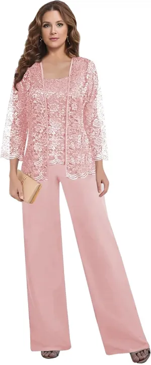 BANTRATIC 3 Pieces Mother of The Bride Pantsuits with Jacket for Wedding 3/4 Sleeve Evening Prom Formal Dressy Outfits
