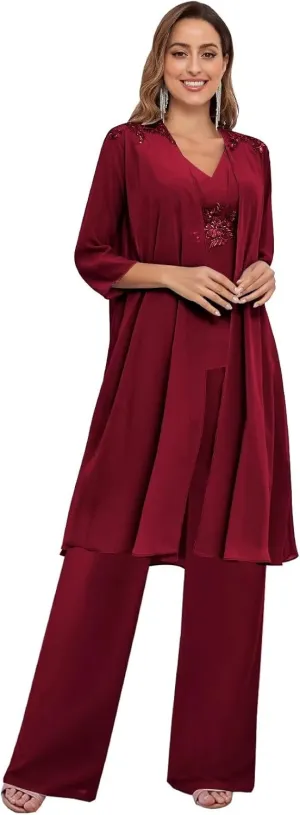 BANTRATIC 3 Pieces Mother of The Bride Pantsuits with Jacket for Wedding 3/4 Sleeve Formal Evening Prom Dressy Pants Outfit