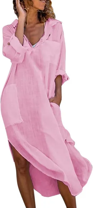 Beach Dress for Women Cotton Linen Flowy Summer Maxi Dresses 3/4 Sleeve V Neck Vacation Shirt Sundress with Pockets