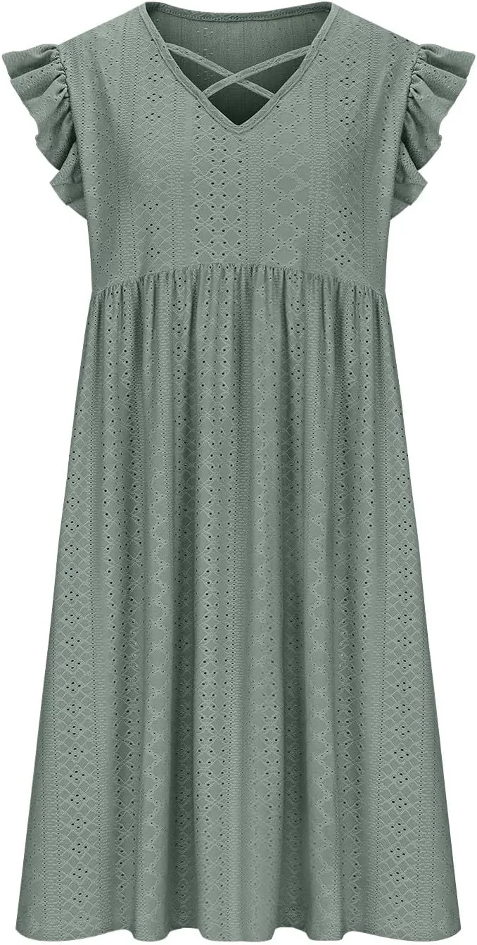 Beach Vacation Clothes for Women Summer Dress Casual V Neck Ruffle Short Sleeve Hollow Out Pleated Flowy Mini Dress