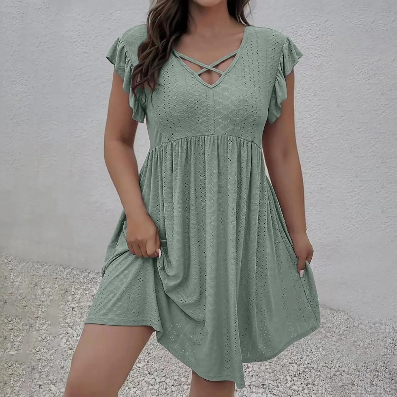 Beach Vacation Clothes for Women Summer Dress Casual V Neck Ruffle Short Sleeve Hollow Out Pleated Flowy Mini Dress