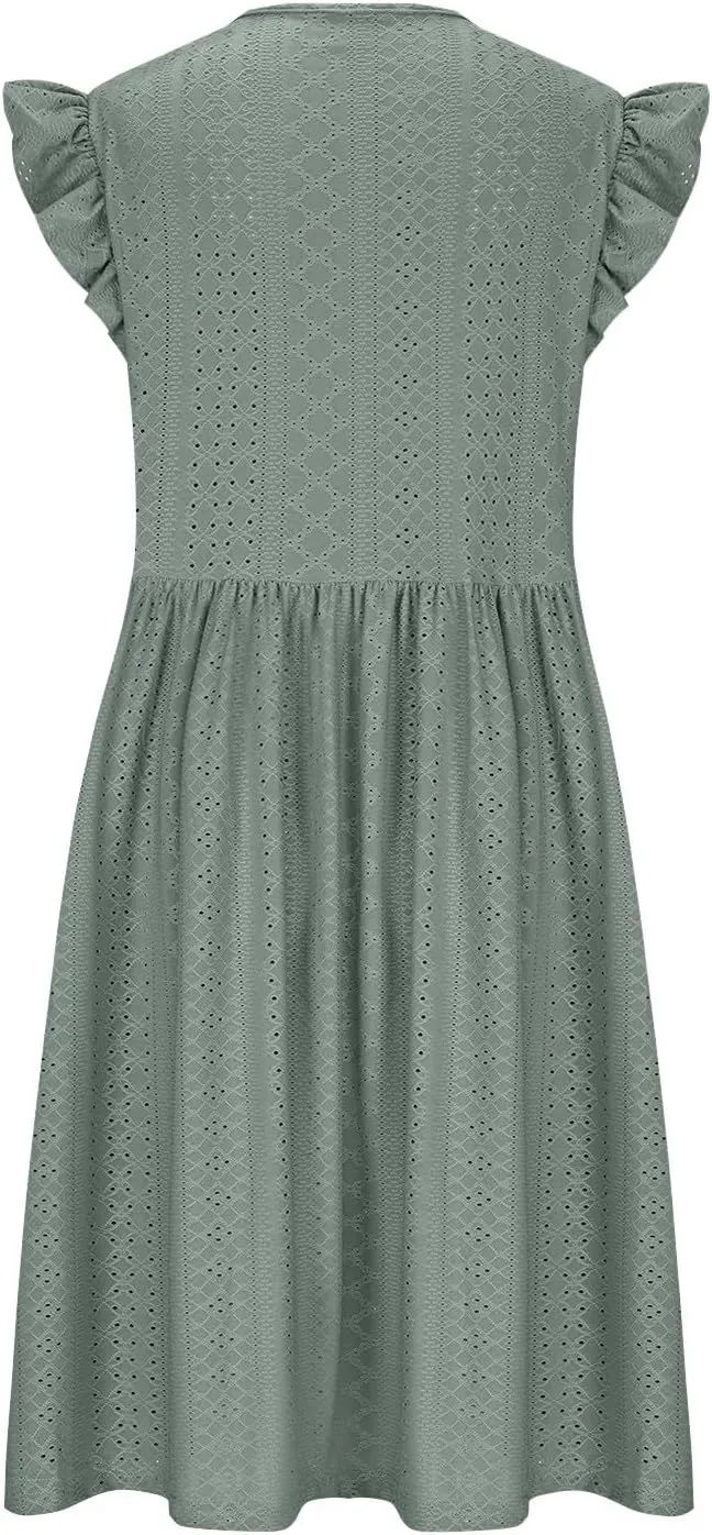 Beach Vacation Clothes for Women Summer Dress Casual V Neck Ruffle Short Sleeve Hollow Out Pleated Flowy Mini Dress
