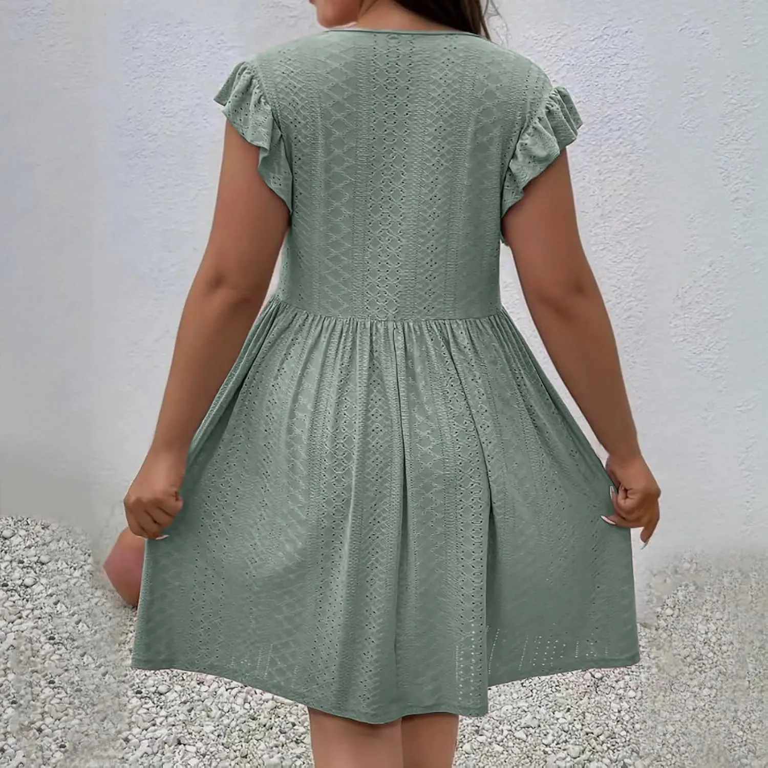 Beach Vacation Clothes for Women Summer Dress Casual V Neck Ruffle Short Sleeve Hollow Out Pleated Flowy Mini Dress