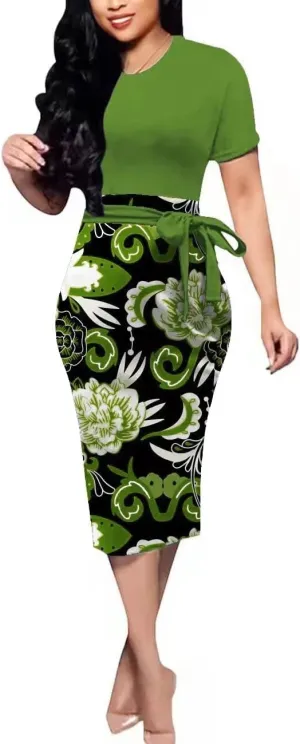 BOGURST Women Midi Bodycon Dress Work Casual Cute Floral Prints Pencil Dresses