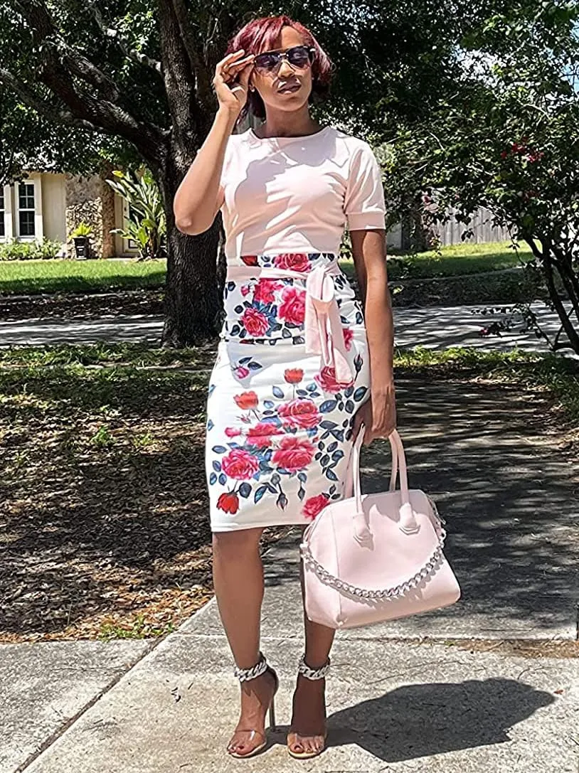 BOGURST Women Midi Bodycon Dress Work Casual Cute Floral Prints Pencil Dresses
