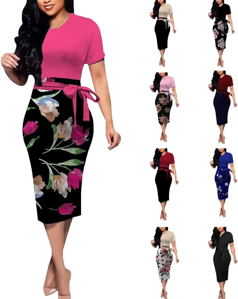 BOGURST Women Midi Bodycon Dress Work Casual Cute Floral Prints Pencil Dresses