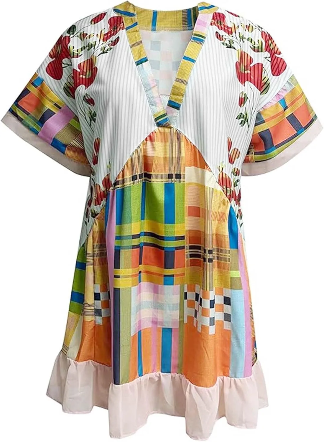 Boho Dress for Women 2024 Ruffle Hem Patchwork Babydoll Dress Flowy Bohemian Mini Dress Ethnic Embroidered Dress