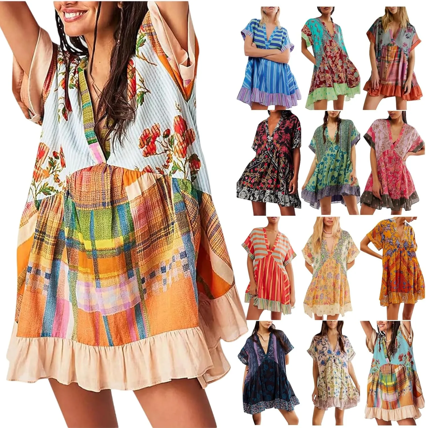 Boho Dress for Women 2024 Ruffle Hem Patchwork Babydoll Dress Flowy Bohemian Mini Dress Ethnic Embroidered Dress
