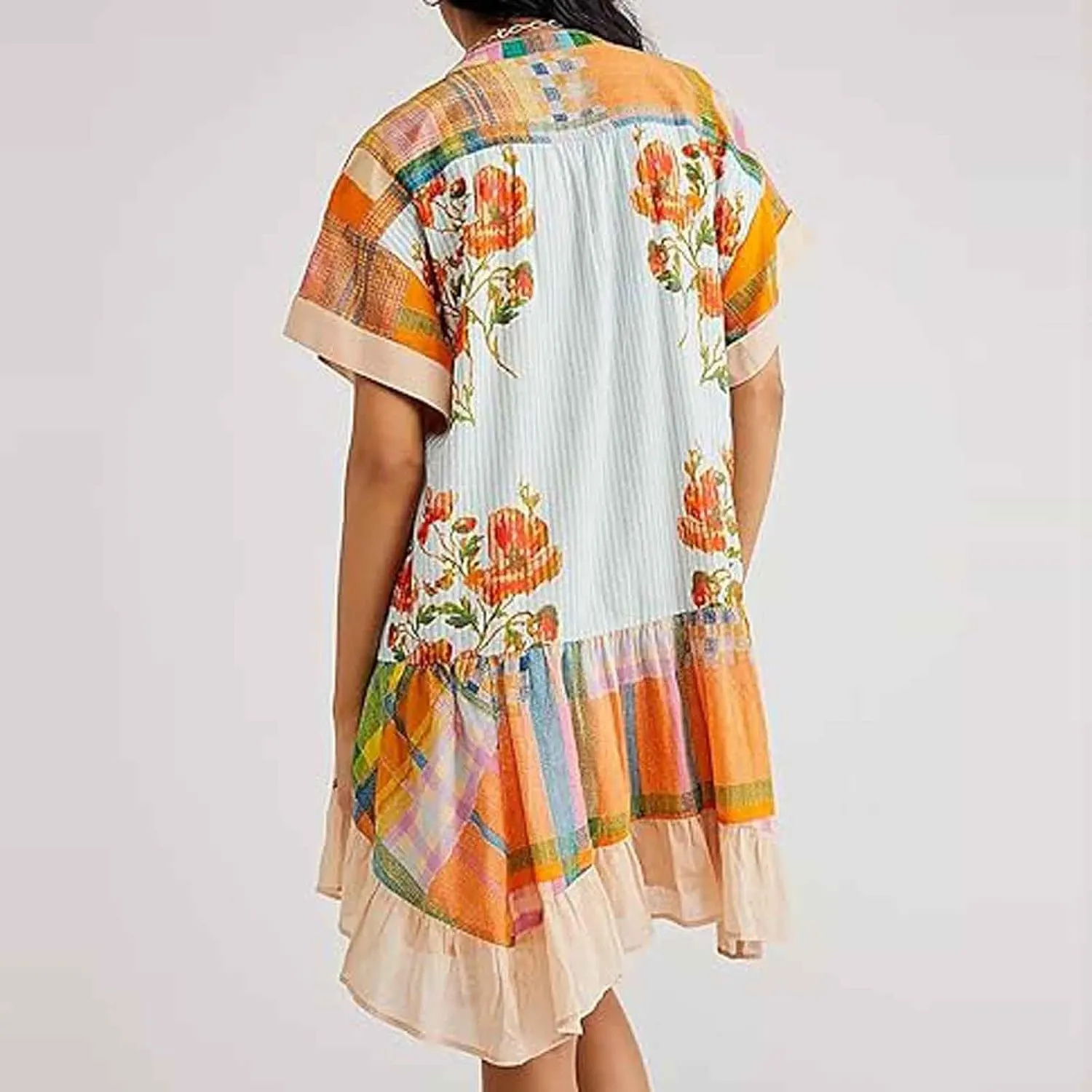 Boho Dress for Women 2024 Ruffle Hem Patchwork Babydoll Dress Flowy Bohemian Mini Dress Ethnic Embroidered Dress