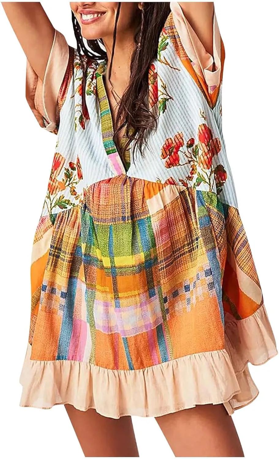 Boho Dress for Women 2024 Ruffle Hem Patchwork Babydoll Dress Flowy Bohemian Mini Dress Ethnic Embroidered Dress