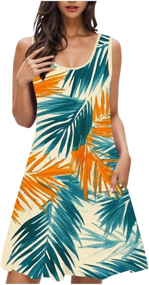 Boho Dresses for Women 2025 Summer Floral Cute Sundress Casual Sleeveless Tank Beach Mini Dress with Pocket