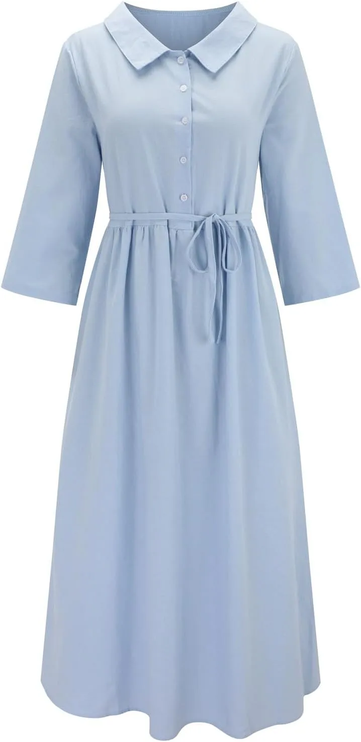Boho Dresses for Women Linen Short Sleeve Lapel Collar Floral Midi Dress Button Lace-Up A Line Casual Flowy Outfits
