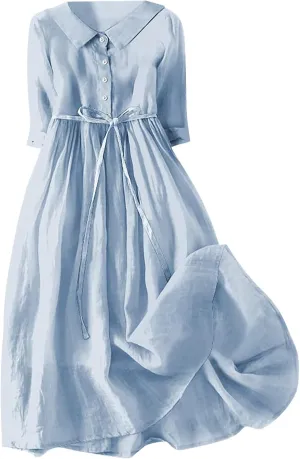 Boho Dresses for Women Linen Short Sleeve Lapel Collar Floral Midi Dress Button Lace-Up A Line Casual Flowy Outfits