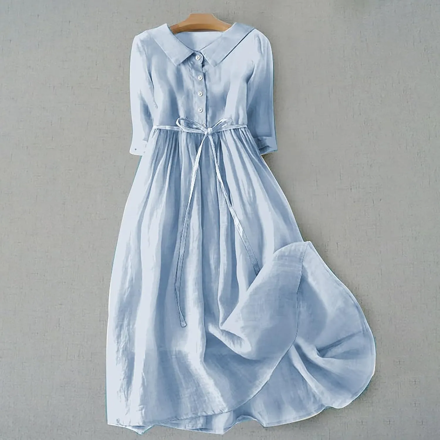 Boho Dresses for Women Linen Short Sleeve Lapel Collar Floral Midi Dress Button Lace-Up A Line Casual Flowy Outfits