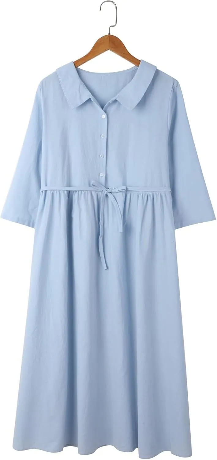 Boho Dresses for Women Linen Short Sleeve Lapel Collar Floral Midi Dress Button Lace-Up A Line Casual Flowy Outfits