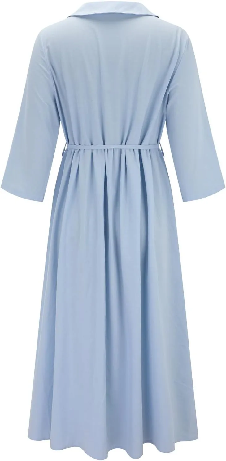 Boho Dresses for Women Linen Short Sleeve Lapel Collar Floral Midi Dress Button Lace-Up A Line Casual Flowy Outfits
