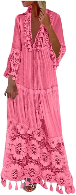 Boho Floral Lace Maxi Dress for Womens Summer V Neck 3/4 Sleeve Flowy Tassel Maxi Dresses Beach Swing Sundress