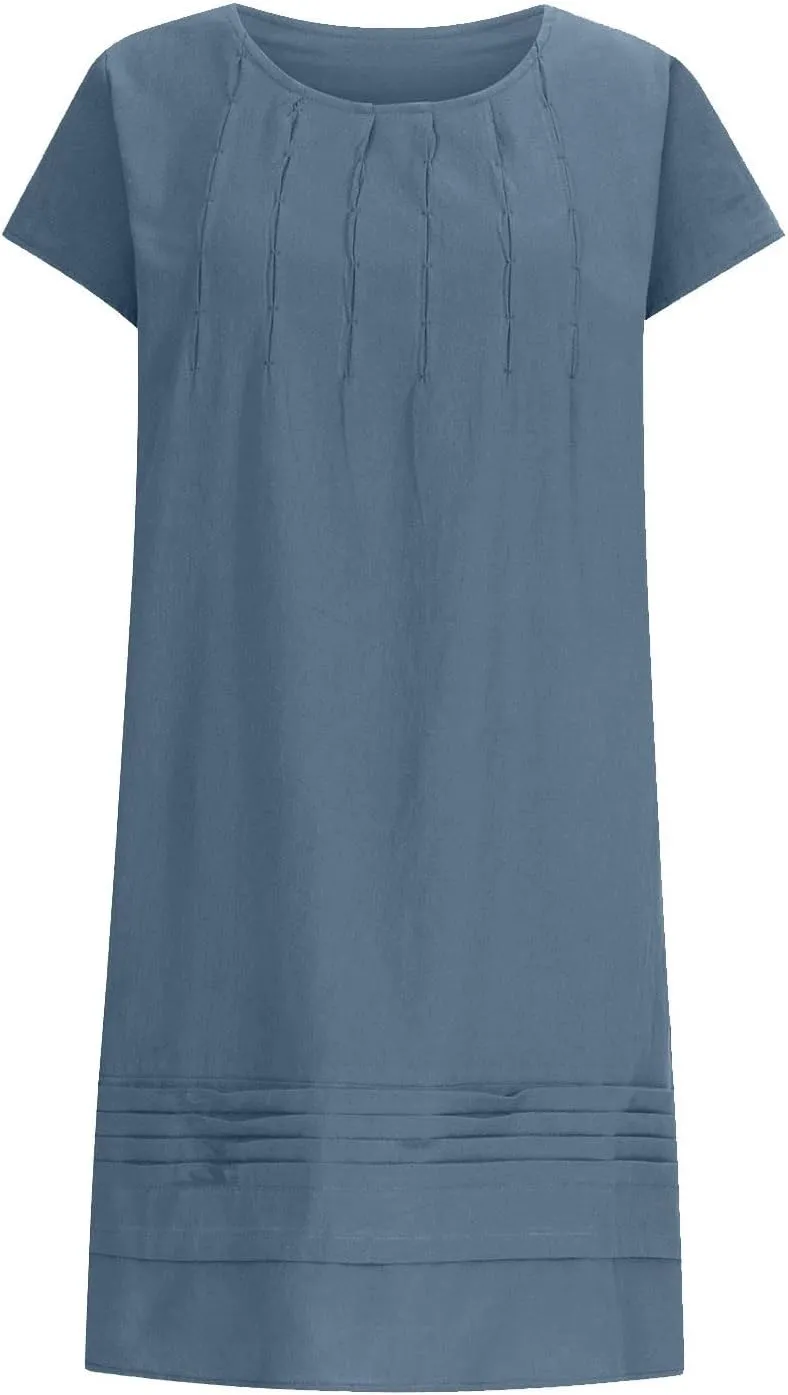 Boho Linen Midi Dresses for Women Short Sleeve Crewneck Pleated Dress Casual Aline Sundresses Beach Vacation Clothes