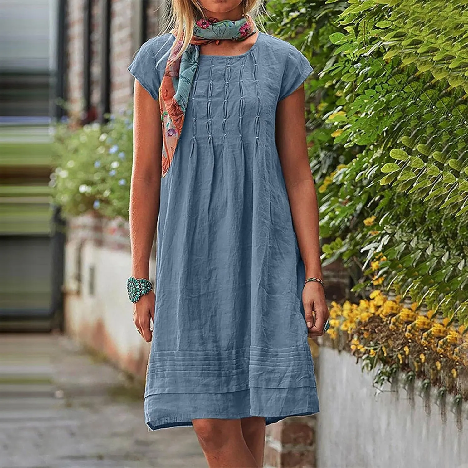 Boho Linen Midi Dresses for Women Short Sleeve Crewneck Pleated Dress Casual Aline Sundresses Beach Vacation Clothes