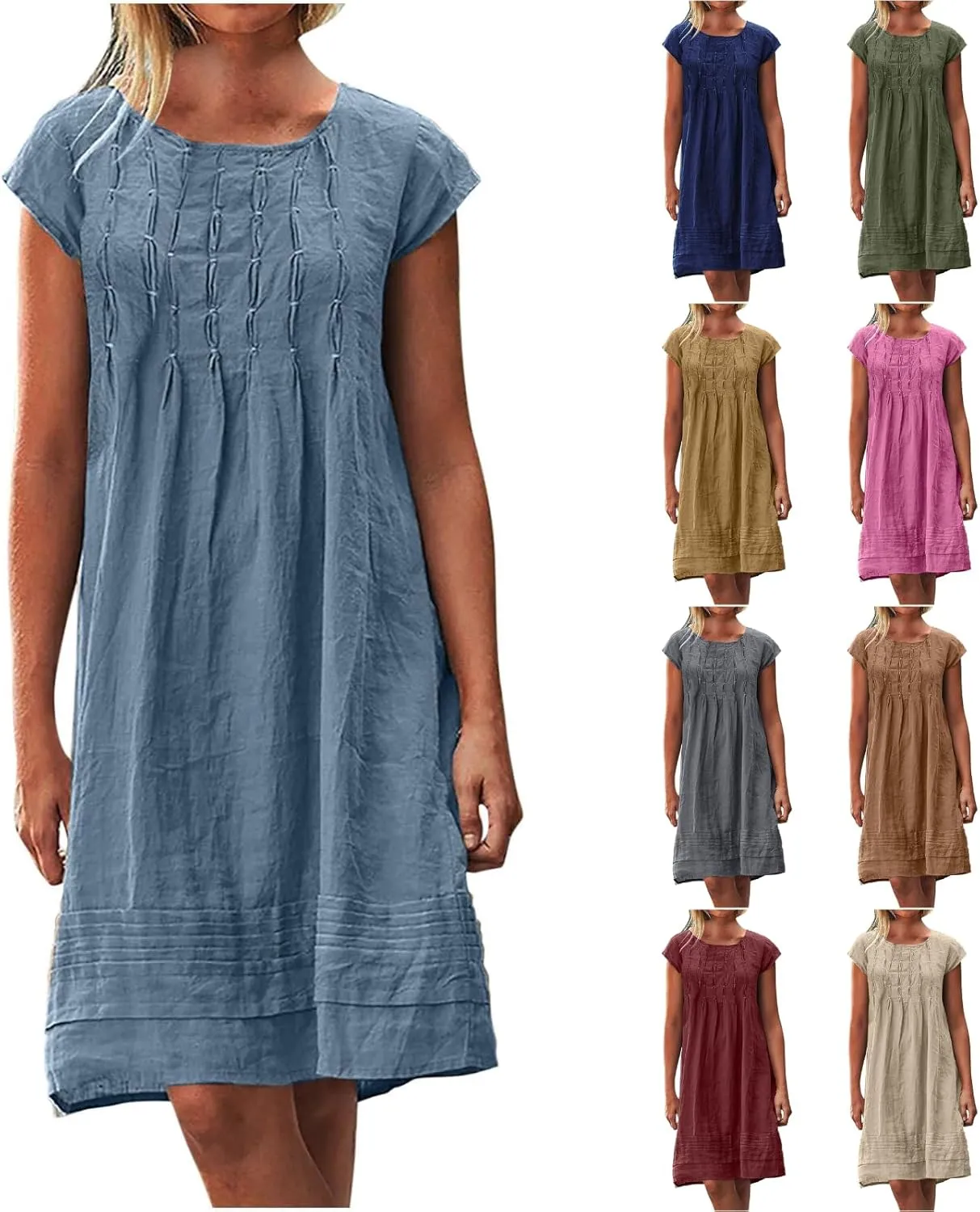 Boho Linen Midi Dresses for Women Short Sleeve Crewneck Pleated Dress Casual Aline Sundresses Beach Vacation Clothes