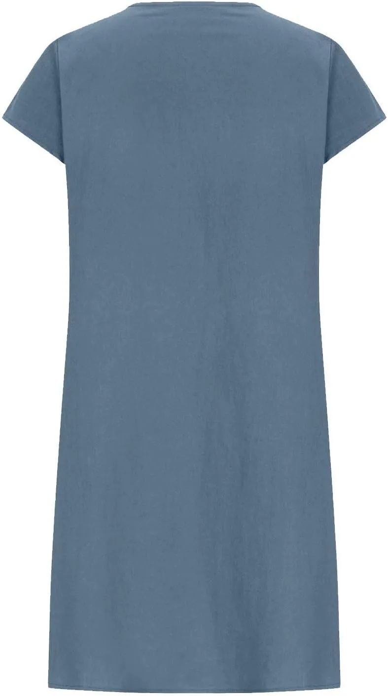 Boho Linen Midi Dresses for Women Short Sleeve Crewneck Pleated Dress Casual Aline Sundresses Beach Vacation Clothes
