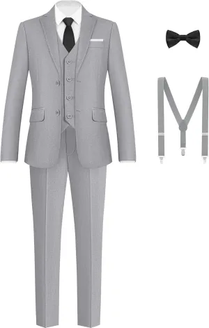 Boys Formal Suits Set, from Toddlers to Teen, Adjustable Waist, with Suspenders