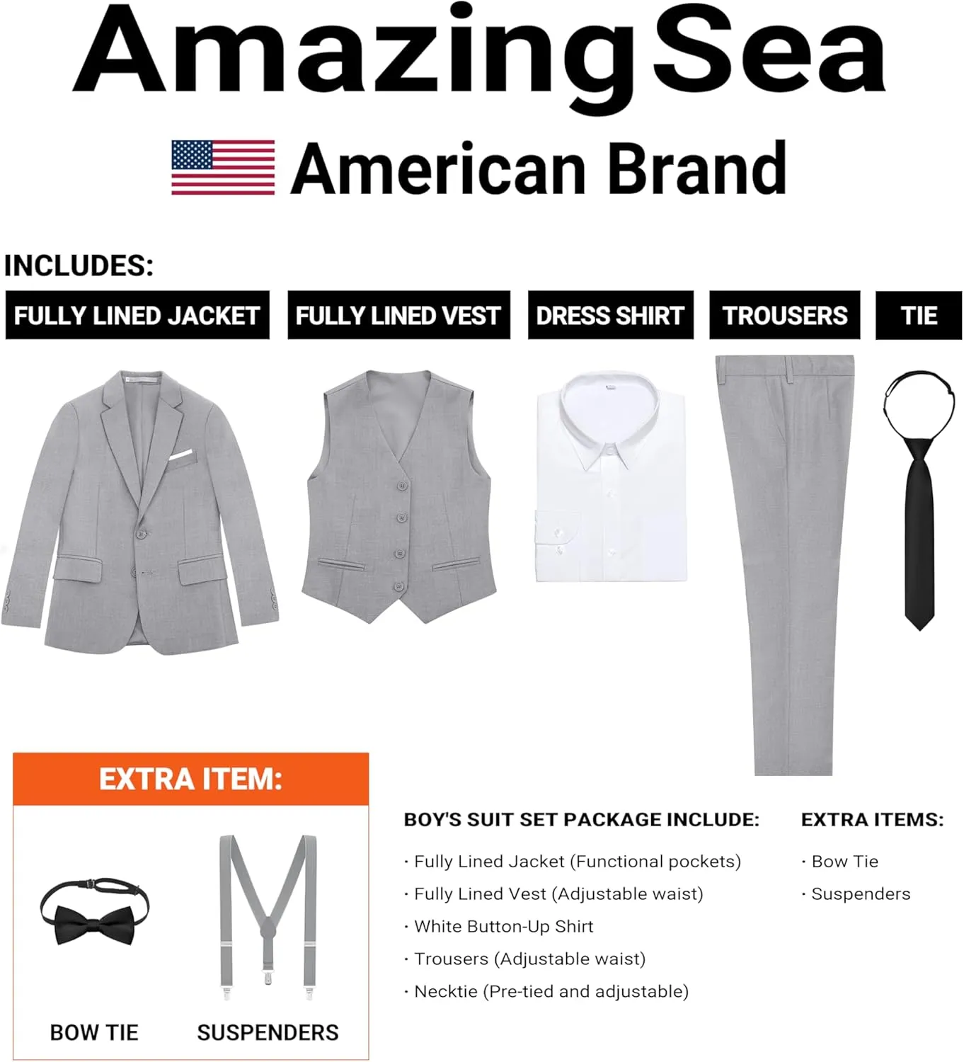 Boys Formal Suits Set, from Toddlers to Teen, Adjustable Waist, with Suspenders