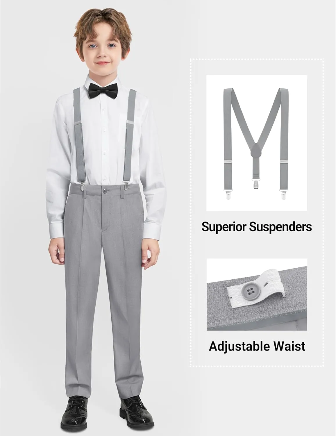 Boys Formal Suits Set, from Toddlers to Teen, Adjustable Waist, with Suspenders