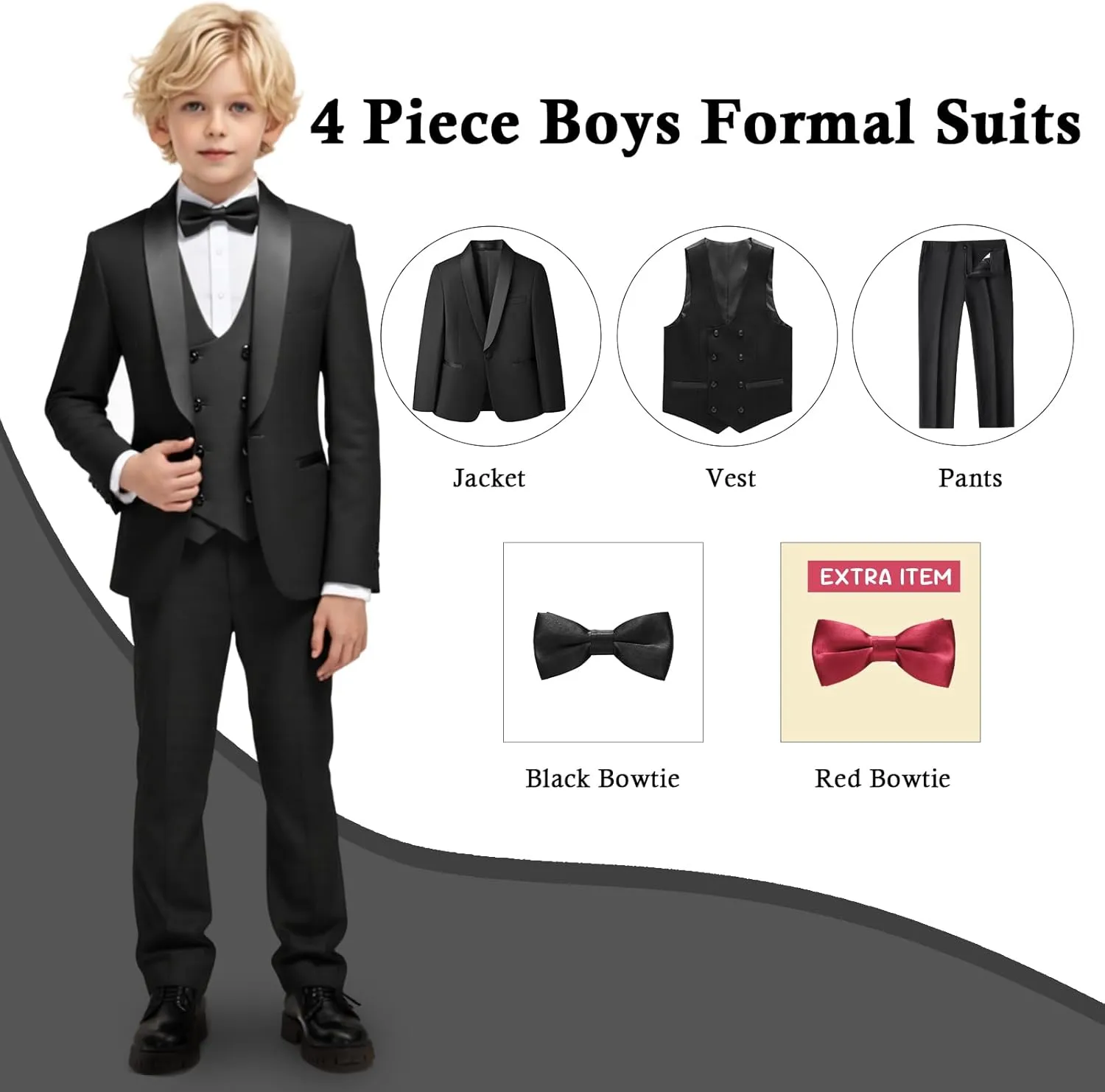 Boys Slim Fit Suits Formal Tuxedo 4 Piece Kids Dresswear Outfits with Vest Pants Jacket Bowtie Sets for Weddding