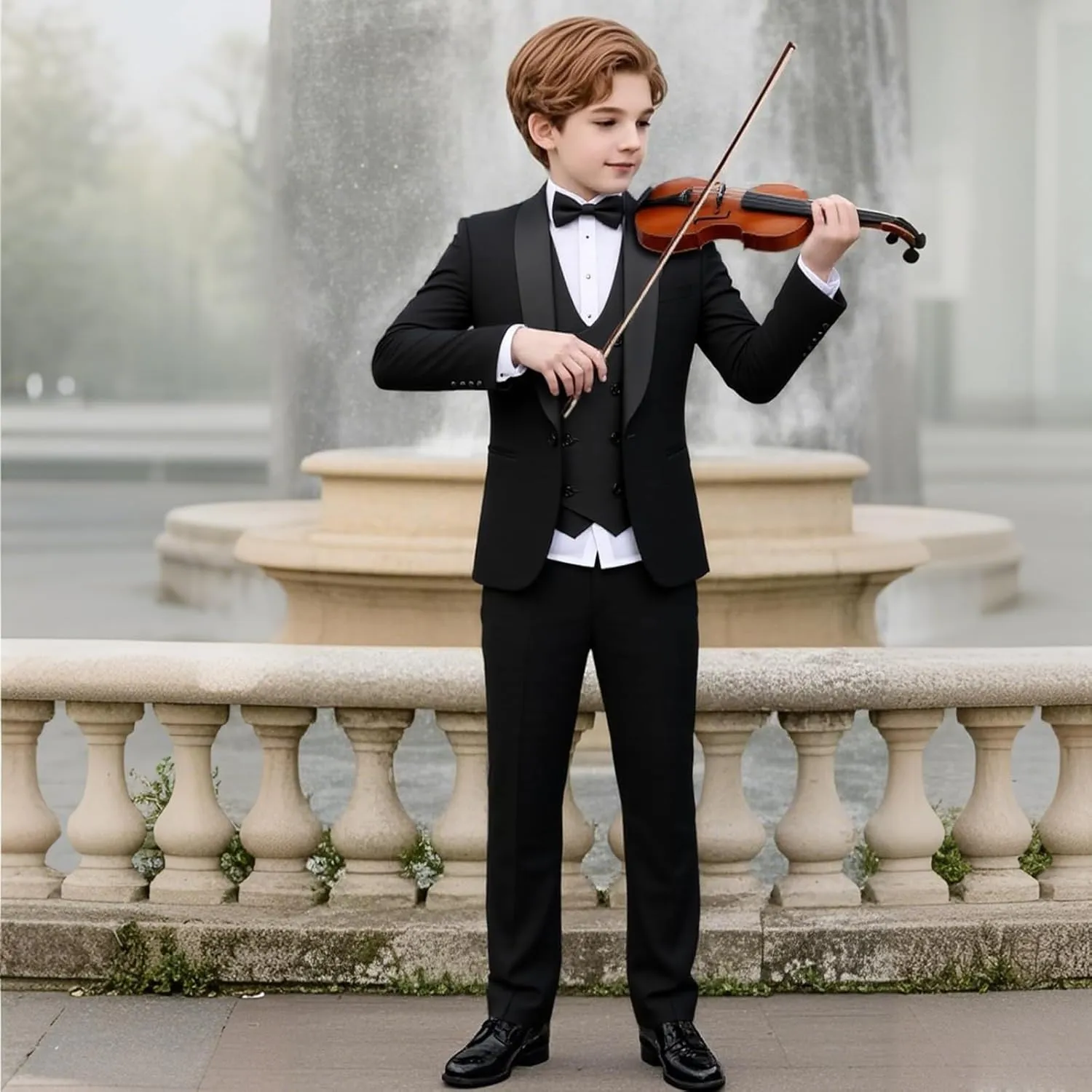 Boys Slim Fit Suits Formal Tuxedo 4 Piece Kids Dresswear Outfits with Vest Pants Jacket Bowtie Sets for Weddding