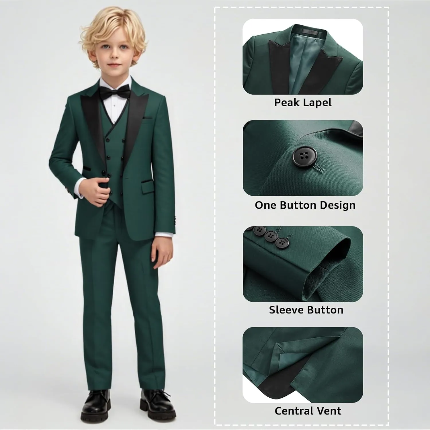 Boys Suit Set Slim Fit 4 Piece Formal Outfits Kids Suits Tuxedo Boys Vest Blazer Pants with Bow Tie for Wedding