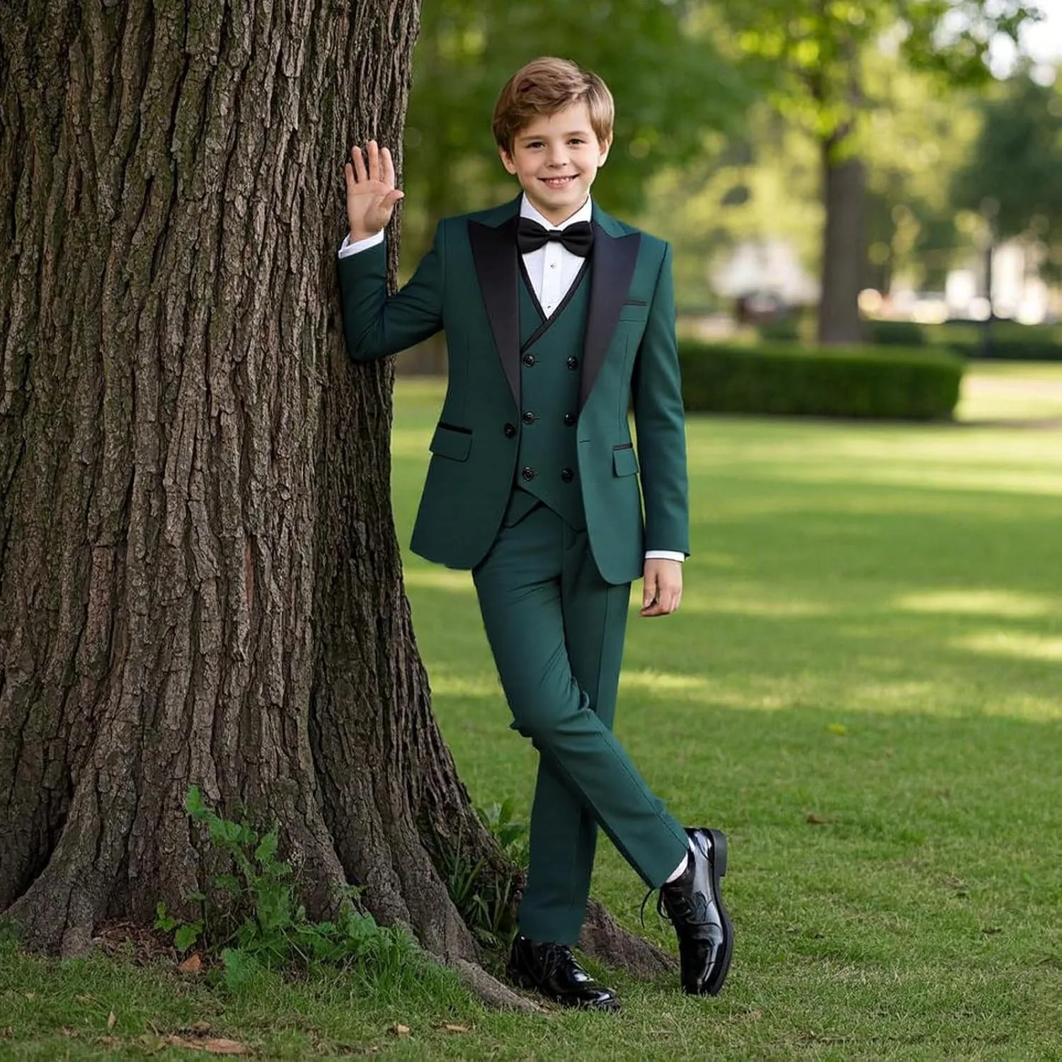 Boys Suit Set Slim Fit 4 Piece Formal Outfits Kids Suits Tuxedo Boys Vest Blazer Pants with Bow Tie for Wedding
