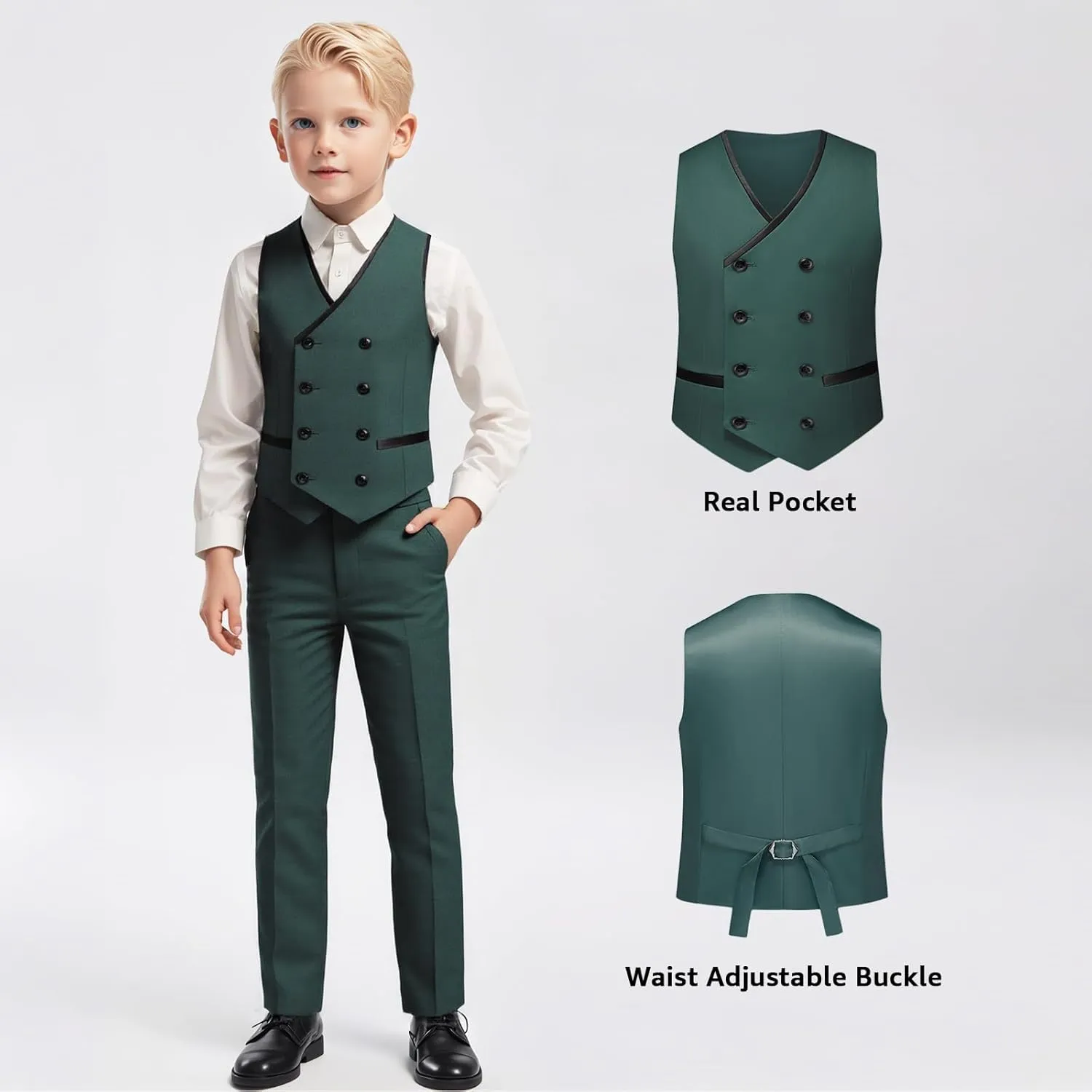 Boys Suit Set Slim Fit 4 Piece Formal Outfits Kids Suits Tuxedo Boys Vest Blazer Pants with Bow Tie for Wedding