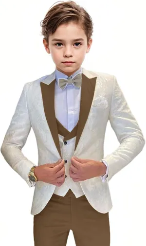 Boys Tuxedo Suit Jacquard Slim Fit 3 Piece Kids Tuxedo Suits for Boys Formal Wedding Suit Blazer Vest Pants