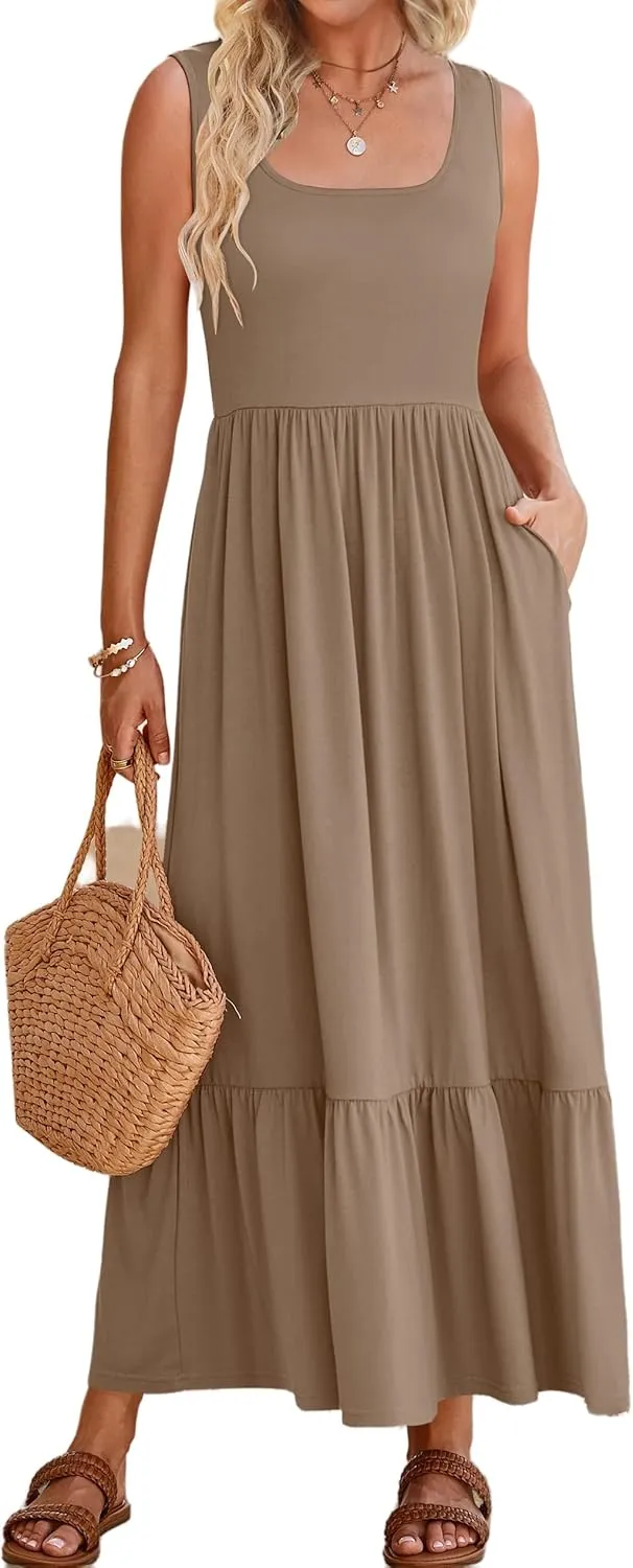 Canbebig Maxi Dresses for Women 2025 Square Neck Pleated Swing Casual Dress Sleeveless A Line Flowy Beach Dress Long Sundress