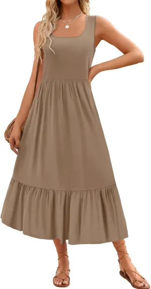 Canbebig Maxi Dresses for Women 2025 Square Neck Pleated Swing Casual Dress Sleeveless A Line Flowy Beach Dress Long Sundress