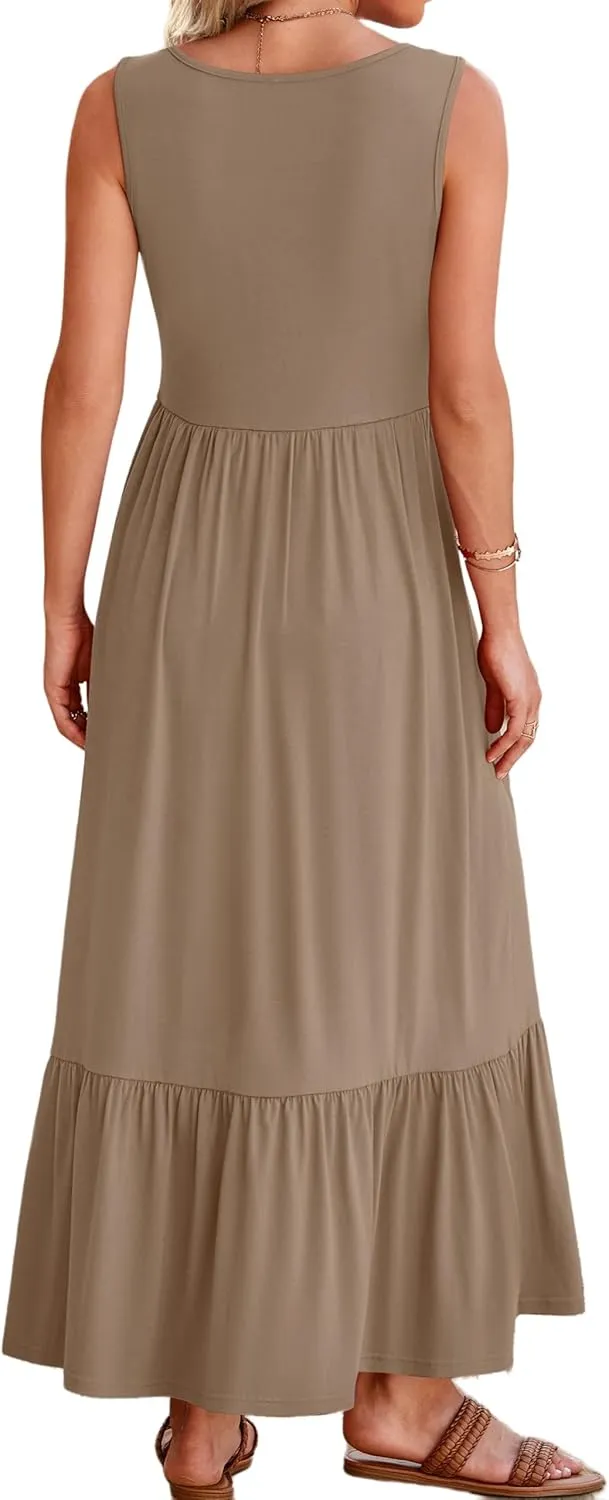 Canbebig Maxi Dresses for Women 2025 Square Neck Pleated Swing Casual Dress Sleeveless A Line Flowy Beach Dress Long Sundress