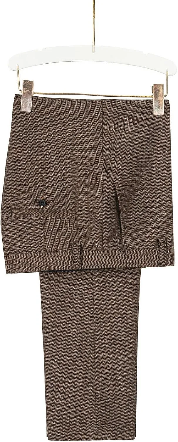 Ceehuteey Men's Retro Dress Suit Pants Thick Wool Flat Front Herringbone Tweed Trousers