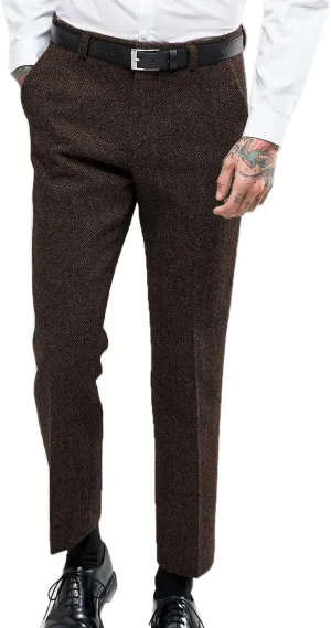 Ceehuteey Men's Retro Dress Suit Pants Thick Wool Flat Front Herringbone Tweed Trousers