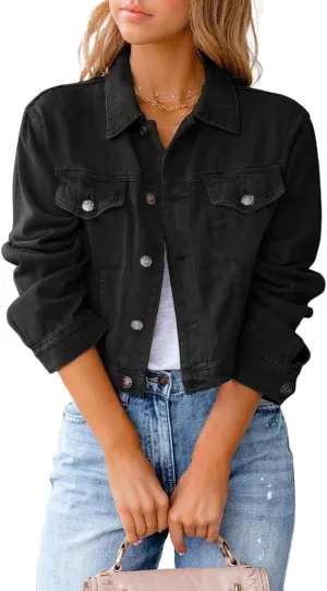 CHARTOU Women's Solid Candy Color Button Down Denim Cropped Jean Jacket Coat