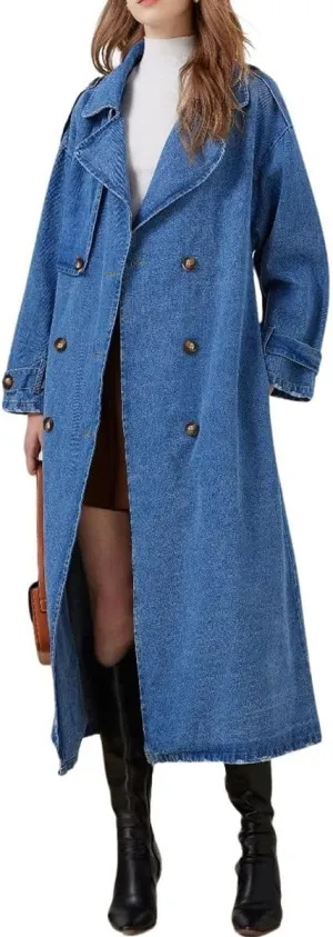 chouyatou Women's Fashion Notch Lapel Denim Trench Coat Double Breasted Belted Maxi Long Jean Jacket