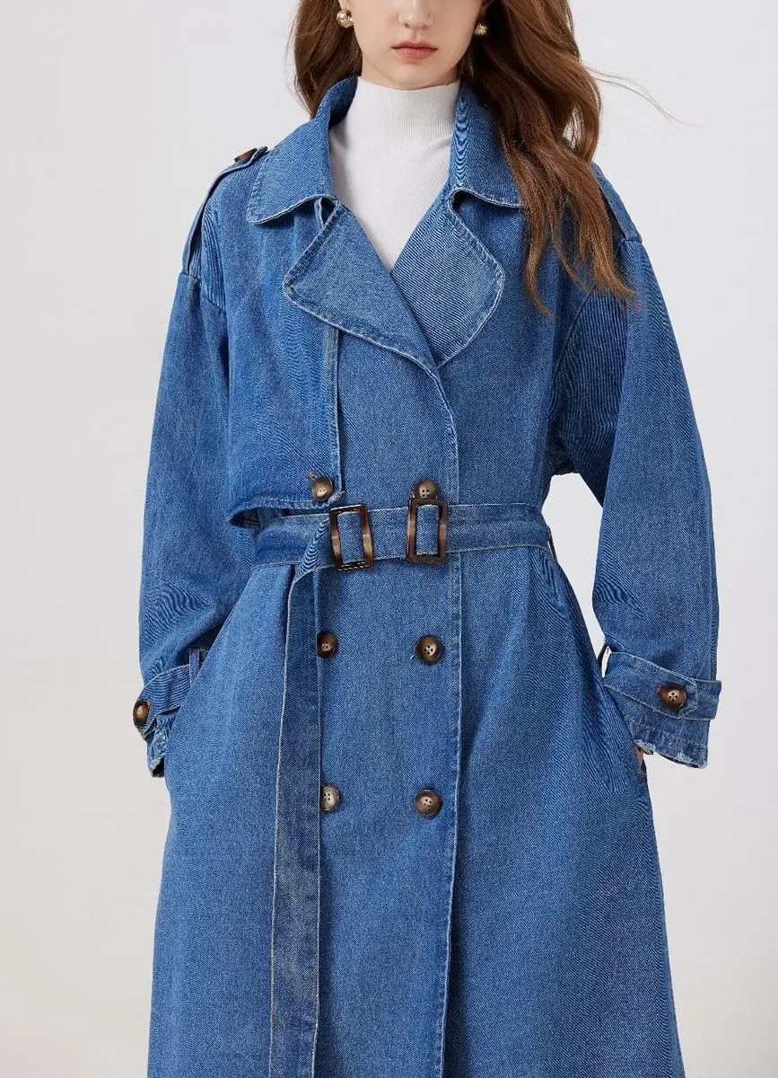 chouyatou Women's Fashion Notch Lapel Denim Trench Coat Double Breasted Belted Maxi Long Jean Jacket