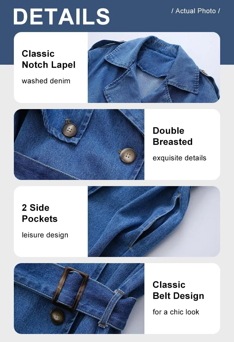 chouyatou Women's Fashion Notch Lapel Denim Trench Coat Double Breasted Belted Maxi Long Jean Jacket
